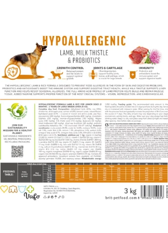 Сухий корм для цуценят великих порід Dog Hypoallergenic Junior Large Breed з ягням 1 кг Brit Care (399750322)