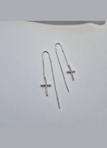 Срібні сережки протяжки цепочки Хрест в Білих каменях срібло 925 проби Родоване с2ф/299 1.50г No Brand (306743431)