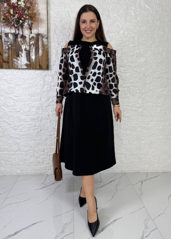 Коричнева повсякденний вишукана повсякденна міді сукня з імітацією сорочки та довгими рукавами Tik-Tak з абстрактним візерунком