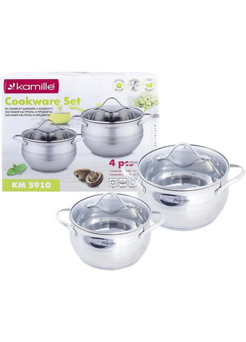 Набір 2 каструлі Fine Silver Pen 2.1л і 3.7л з нержавіючої сталі зі скляними кришками Kamille (339776096)