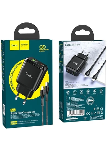 Мережевий зарядний пристрій 1USB + Type-C N5 PD20W+QC3.0 3A Black + Cable Type-C to Lightning Hoco (269999933)