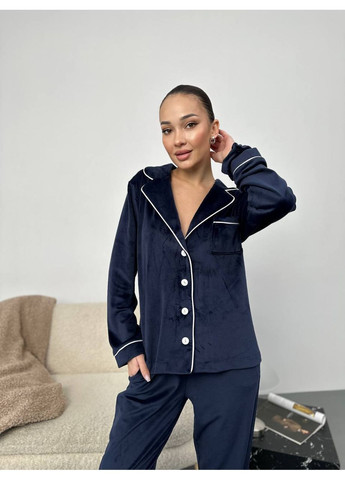 Синяя всесезон пижама женская велюровая рубашка,штаны,резинка рубашка + брюки No Brand