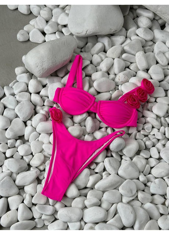 Розовый летний женский купальник с цветочным декором / женский яркий купальник розовый с цветком / раздельный женский купальник No Brand