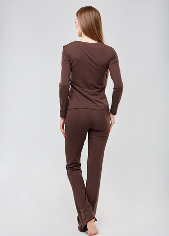 Коричневая всесезон пижама женская коричневого цвета с цветочным кружевом. лонгслив + брюки ORA