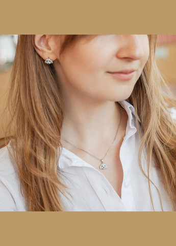 Комплект срібний Песики з білими та чорними фіанітами сережки пусети та кольє на тонкому ланцюгу No Brand (362177030)