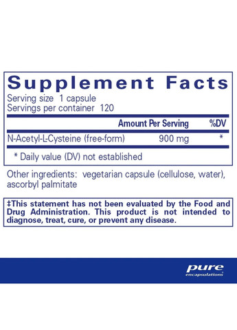 Ацетилцистеин NAC N-Acetyl-l-Cysteine 900 мг 120 капсул Pure Encapsulations (361115871)