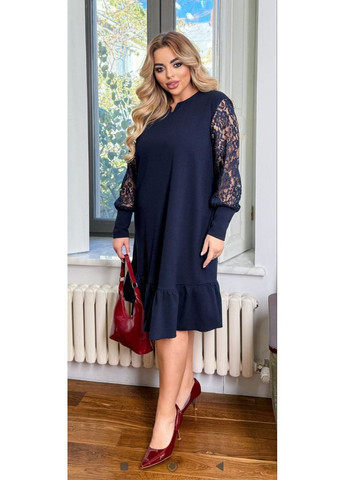 Синее праздничный, повседневный, деловое, кэжуал женское платье больших размеров а-силуэт Style Point однотонное