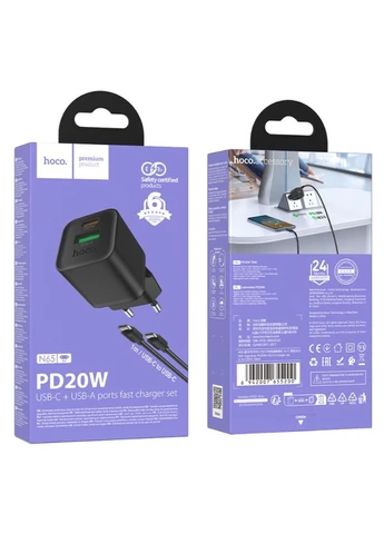 Мережевий зарядний пристрій з дротом N65 Ingenious GaN PD20W+QC 3.0 Type-C to Type-C універсальне заряджання 2 порти Чорний Hoco (380436822)