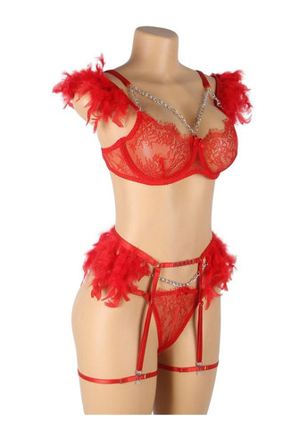 Червоний демісезонний сексуальний комплект білизни star night з пір'ям та ланцюжками, червоний (без коробки) No Brand