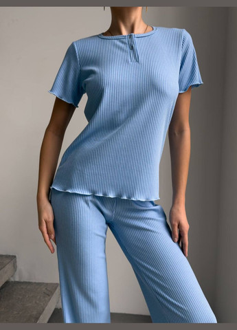 Голубая пижама в рубчик для женщин, комплект женской пижамы футболка, шорты и брюки, уютная и приятная к телу женская No Brand