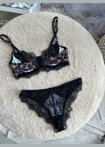 Чорний демісезонний спокусливий мереживний комплект з леопардовим принтом No Brand
