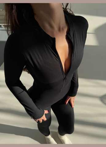 Спортивний жіночий комбінезон на блискавці з відкритою спиною та довгими рукавами Elasoft Premium Чорний Soft Brazillian Push Up комбінезон-брюки однотонний чорний спортивний, кежуал, відвертий нейлон
