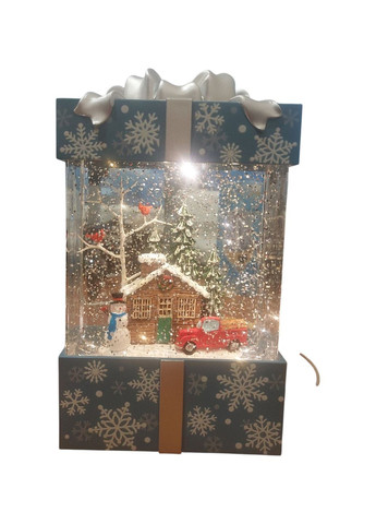 Новорічний декоративний музичний ліхтар світильник з Бантом Сніговик WDL-22018 зі снігом на батарейках та USB Блакитний No Brand (367261933)