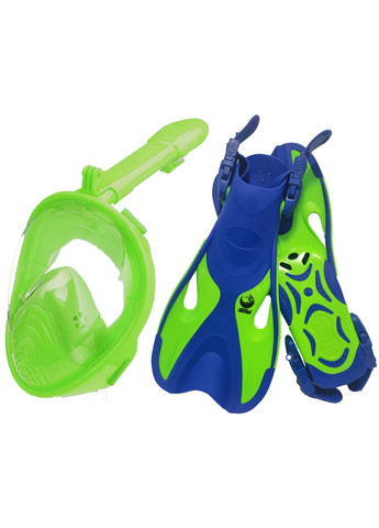 Детская маска для плавания + ласты (комплект от 3 до 10 лет) Полнолицевая панорамная (X/S) Салатовая Ласты VelaSpor Free Breath (272798734)