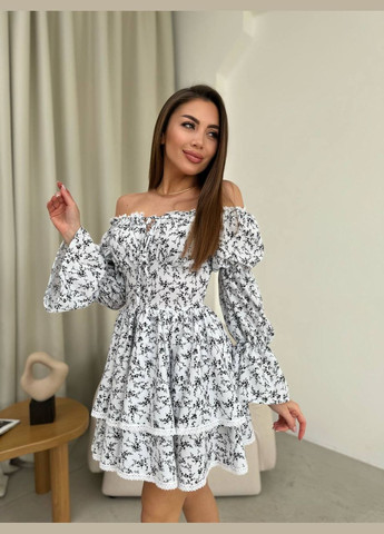 Белое красивое летнее белое платье с открытым декольте и длинным рукавом, короткое платье в цветочном принте из качественного софта No Brand