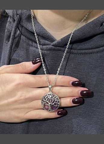 Кулон із натуральним каменем Аметист в оправі "Дерево життя" на шнурку в подарунковій коробочці Овен (331291903)