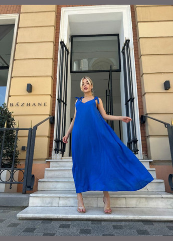 Синій льняний сарафан із турецького льону в універсальному розмірі, повсякденний літній сарафан вільного крою. No Brand 337 (299629646)