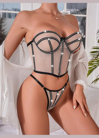 Бежевый демисезонный комплект женского белья с пайетками набор из топ-бюстье трусики No Brand Комплект нижньої білизни Rianna