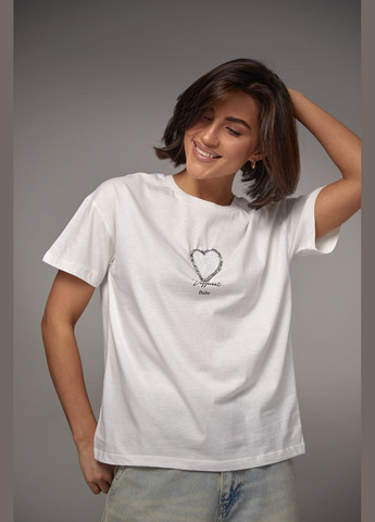 Женская футболка украшена сердцем из бисера и страз - белый Lurex - (278400615)