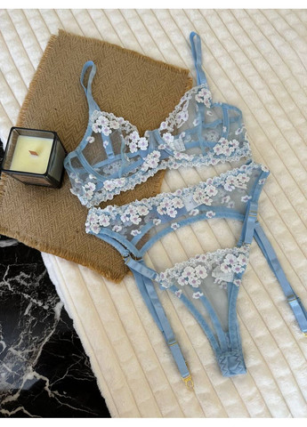 Голубой демисезонный женское белье с кружевом, комплект белья для женщин бюстгальтер, трусики и пояс, нежное белье для девочек No Brand Білизна жіноча