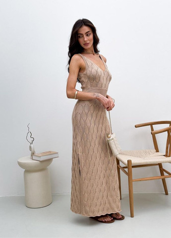 Бежевое кэжуал ажурное летнее платье Art Knit однотонное