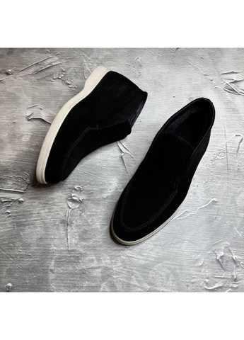 Черные ботинки лоферы мужское зимнее на меху замша на светлой подошве No Brand