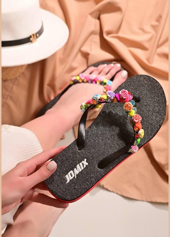 Черные домашние, повседневные, пляжные вьетнамки женские черного цвета No Brand с цветами, без декора