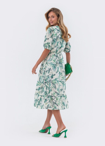 Зеленое платье-миди с зелёным принтом и резинкой по талии Dressa