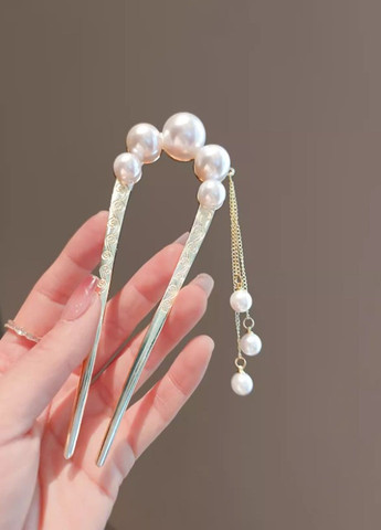Шпилька для волосся "Білі перлини" з цепочкою U-подібна металева шпилька з перлами 14 см No Brand (285720364)
