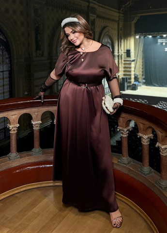 Коричнева святковий, коктейльна, вечірня вечірня сукня шовкова максі довжини з відкритою спиною та поясом дзвін, з відкритою спиною No Brand однотонна