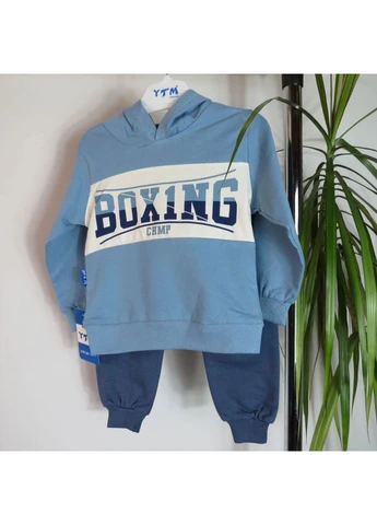 Голубой демисезонный детский спортивный костюм boxing худи и штаны двунитка No Brand