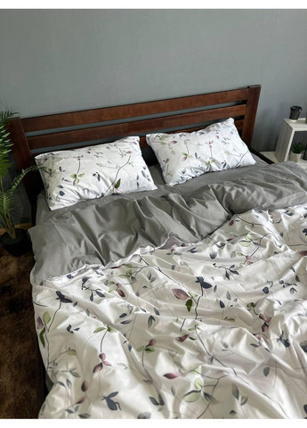 Постельное белье хлопковое Веточка на сером Евро Простынь на резинке 160x200х20 Бязь Белое 50 х 70 No Brand (364261475)