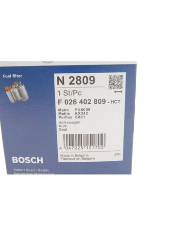 Фильтр топливный VW PASSAT 1.6-2.0 TDI 10-, AUDI Q3 2.0 TDI 11- (пр-во ) F026402809 Bosch (366177794)