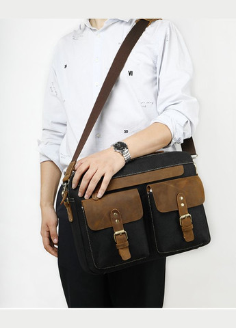 Сумка-портфель мужская текстильная с кожаными вставками 20002 Черная Vintage (329147843)