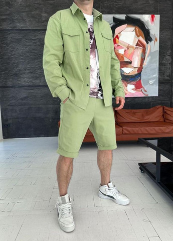 Світло-зелений демісезонний котоновий костюм чоловічий сорочка шорти No Brand