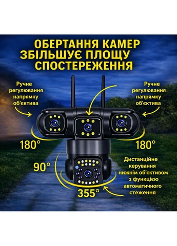 Камера відеоспостереження Wi-Fi IP66 з 3 лінзами PTZ 15MP 3 екрани подвійне аудіо нічне бачення датчик руху No Brand (389472144)