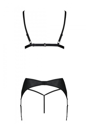 Чорний демісезонний комплект з еко-шкіри miley set black s/m: трусики, бюстгальтер, пояс для панчіх Passion
