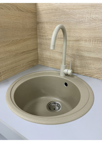 Набор кухонный Sun, искусственный камень, круглый, без крыльев, 510x200мм, чаша - 1, врезная, Сахара + смеситель Adamant (370619210)