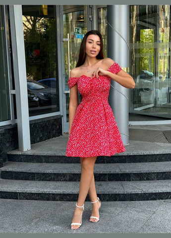 Красное повседневный платье женское с открытыми плечами Гермес с цветочным принтом