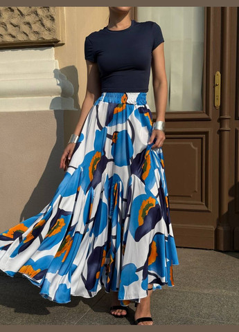 Голубая повседневная цветочной расцветки женская юбка FINO Mode клешированная