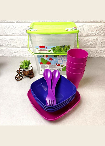 Набор пластиковой посуды для пикника на 4 персоны 16 предметов с контейнером 6 л фиолетовый Алеана (365814993)