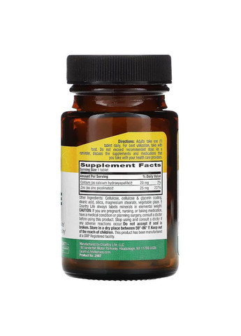 Витамины и минералы Zinc Picolinate 25 mg, 100 таблеток Country Life (322292032)