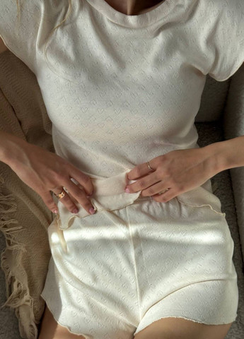 Молочная всесезон ажурная домашняя пижама двойка с обработанными краями: футболка с рукавами крылышко + шорты на резинке футболка + шорты Tik-Tak