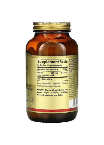 Ніацин вітамін B3, Niacin Vitamin B3, 500 мг, 100 капсул Solgar (361115394)