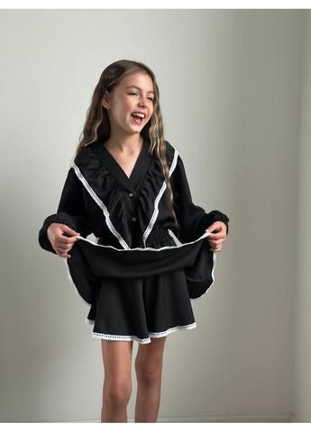 Черный демисезонный комплект (блузка, юбка-шорты) подростковый юбочный, с рубашкой, с шортами IRmAS