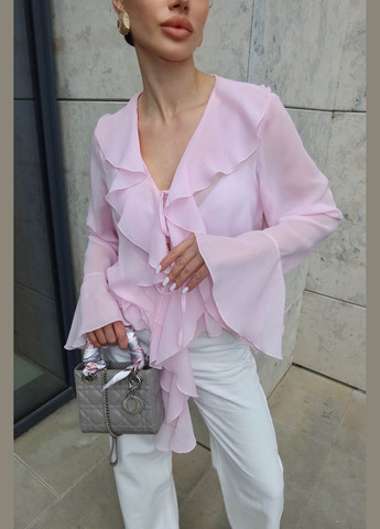 Розовая стильная блуза на запахе с воланами на запах Jadone Fashion
