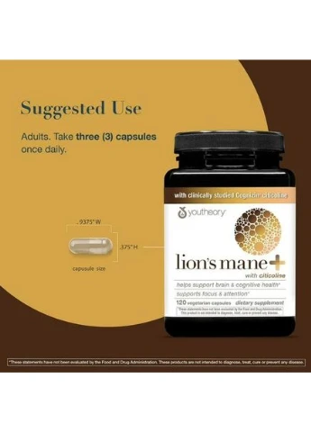 Комплекс для мозку Lion’s Mane + Citicoline, 120 капсул Youtheory (383376651)