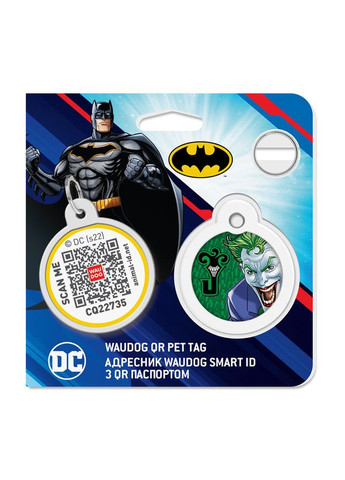 Адресник для собак і котів металевий Smart ID з QR паспортом, малюнок "Джокер зелений", коло, Д 30 мм WAUDOG (365061859)