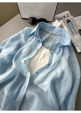 Голубой пляжный, повседневный, кэжуал рубашка однотонная Dress Code с длинным рукавом