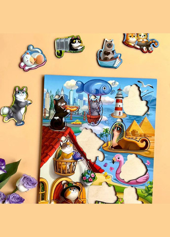 Деревянный пазл-вкладыш "Котики -1" (ПСД128) PSD128 с домиком Ubumblebees (302010188)